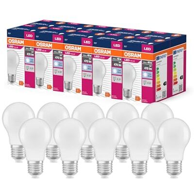 OSRAM Valor de estrella LED de Lámpara LED clásica A40 para enchufe E27, forma de pera, FR, 470 lúmenes, blanco frío (4000k), reemplazo de bombillas de 40W convencionales, no dimmables, paquete de 10 OSRAM Valor de estrella LED de Lámpara LED clásica A40 para enchufe E27, forma de pera, FR, 470 lúmenes, blanco frío (4000k), reemplazo de bombillas de 40W convencionales, no dimmables, paquete de 10