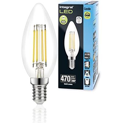 Integral LED 4 PACK E14 Omni-filamento Blanco Frío 4000K, 470LM, 4,2W (equivalente a 40W) Bombilla Tipo Vela Regulable Eficiencia energética e ideal para lámparas y lámparas de araña en salones Integral LED 4 PACK E14 Omni-filamento Blanco Frío 4000K, 470LM, 4,2W (equivalente a 40W) Bombilla Tipo Vela Regulable Eficiencia energética e ideal para lámparas y lámparas de araña en salones
