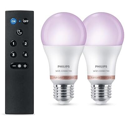 Philips , Bombilla Inteligente LED RGB A60, Mando a Distancia, E27, 2 ud, 806 lm, Color y Blanco Ajustable 2200 K-6500 K, Regulable Baja, Connected by WiZ, Alexa, Google Home, Apple Home Philips , Bombilla Inteligente LED RGB A60, Mando a Distancia, E27, 2 ud, 806 lm, Color y Blanco Ajustable 2200 K-6500 K, Regulable Baja, Connected by WiZ, Alexa, Google Home, Apple Home