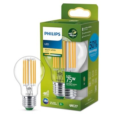 Philips Bombilla LED Clásica Eficiente, Casquillo E27 5.2W, 1095 Lúmens, Luz Blanca Cálida 2700k, Clase Energetica A Philips Bombilla LED Clásica Eficiente, Casquillo E27 5.2W, 1095 Lúmens, Luz Blanca Cálida 2700k, Clase Energetica A