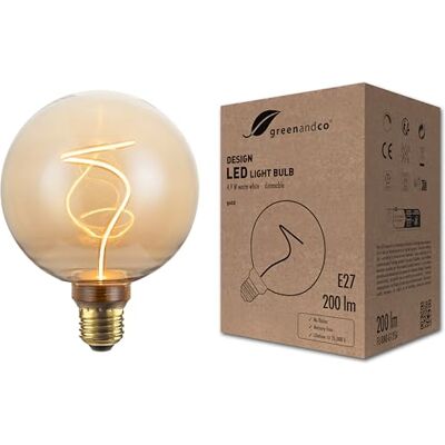 greenandco bombilla LED de diseño vintage para iluminación ambiental regulable E27 G125 4,9W 200lm 1800K (blanco muy cálido) 320° 230V ámbar sin parpadeo greenandco bombilla LED de diseño vintage para iluminación ambiental regulable E27 G125 4,9W 200lm 1800K (blanco muy cálido) 320° 230V ámbar sin parpadeo
