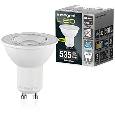 Integral Bombilla LED 10 PACK GU10 Frío Natural 6500K, 590LM, 4,9W (equivalente a 75W) no regulable Eficiencia energética e ideal para focos y luces empotradas en baños, cocinas, salones Integral Bombilla LED 10 PACK GU10 Frío Natural 6500K, 590LM, 4,9W (equivalente a 75W) no regulable Eficiencia energética e ideal para focos y luces empotradas en baños, cocinas, salones