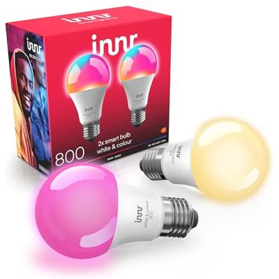 innr Bombilla Inteligente E27, para Hue* y hubs Zigbee, 2-pack Luz LED RGB, blanca y de colores, 16 millones de colores, 880 lúmenes, Regulable innr Bombilla Inteligente E27, para Hue* y hubs Zigbee, 2-pack Luz LED RGB, blanca y de colores, 16 millones de colores, 880 lúmenes, Regulable