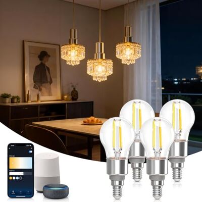 Aigostar Bombilla Inteligente Alexa, Bombilla Led E14 Vintage, G45 Transparente Tipo Globo, 4.5W, 470LM, Regulable Cálida a Fría 2700K a 6500K, Compatible con Alexa y Google home, 4 Unidads Aigostar Bombilla Inteligente Alexa, Bombilla Led E14 Vintage, G45 Transparente Tipo Globo, 4.5W, 470LM, Regulable Cálida a Fría 2700K a 6500K, Compatible con Alexa y Google home, 4 Unidads