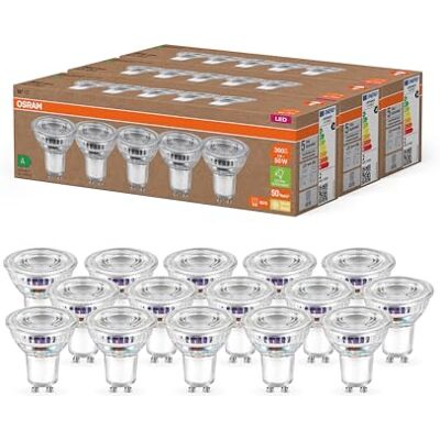OSRAM Lámparas LED de alta eficiencia con clase de eficiencia energética A, Paquete de 15 bombillas, reemplaza lámparas reflectoras de 50W, blanco cálido (2700K), E27, vidrio OSRAM Lámparas LED de alta eficiencia con clase de eficiencia energética A, Paquete de 15 bombillas, reemplaza lámparas reflectoras de 50W, blanco cálido (2700K), E27, vidrio