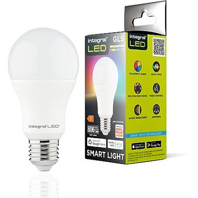 Integral LED 2 bombilla inteligente GLS E27 regulable WiFi 2,4 GHz cambio color Blanco cálido, frío y luz natural 2700K-6500K, 806 lm, 8,5W (= 60W) App y compatible con Alexa y Google Home Integral LED 2 bombilla inteligente GLS E27 regulable WiFi 2,4 GHz cambio color Blanco cálido, frío y luz natural 2700K-6500K, 806 lm, 8,5W (= 60W) App y compatible con Alexa y Google Home