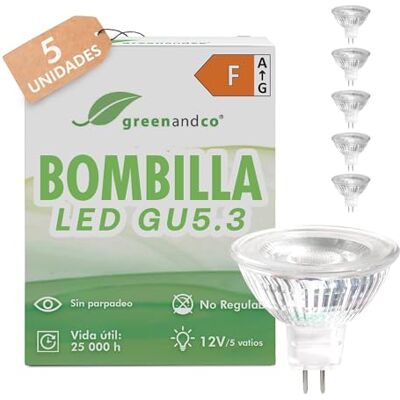 greenandco 5x Halogenos LED GU 5.3, 12V 3000K 5W 430lm, sin parpadeo Bombillas LED GU5.3 MR16 blanco cálido, sustituyen 40W, ángulo de haz 38°, no regulables, COB LED greenandco 5x Halogenos LED GU 5.3, 12V 3000K 5W 430lm, sin parpadeo Bombillas LED GU5.3 MR16 blanco cálido, sustituyen 40W, ángulo de haz 38°, no regulables, COB LED