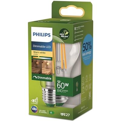 Philips Lighting Bombilla Led Ultraeficiente filamento 4w (Eq. 60w) E27 A60, Luz Cálida (2700K) Et. Energética A Philips Lighting Bombilla Led Ultraeficiente filamento 4w (Eq. 60w) E27 A60, Luz Cálida (2700K) Et. Energética A