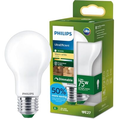 Philips LED UltraEfficient Bombilla A60 E27, 75W equivalentes, Luz Blanca Cálida 2700K, 1095lm, Regulable, EyeComfort, Vida útil de 50.000 horas, Clase energética A, Efecto Mate, 1ud Philips LED UltraEfficient Bombilla A60 E27, 75W equivalentes, Luz Blanca Cálida 2700K, 1095lm, Regulable, EyeComfort, Vida útil de 50.000 horas, Clase energética A, Efecto Mate, 1ud