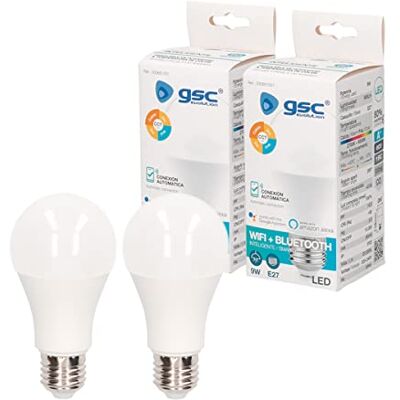 gsc evolution Bombilla wifi Inteligente LED compatible con Alexa & Google home 9w E27 Regulable 2700-6500K 20.000 h de vida Funciona con SmartLife 800 Lm Pack 2 gsc evolution Bombilla wifi Inteligente LED compatible con Alexa & Google home 9w E27 Regulable 2700-6500K 20.000 h de vida Funciona con SmartLife 800 Lm Pack 2