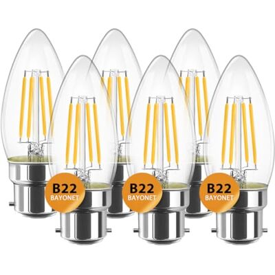 LVWIT Bombillas Vela de Filamento LED B22, 4W equivalente a 40W, Bombilla Retro Vintage 470 lúmenes, Color blanco cálido 2700K, No regulable. Pack de 6 Unidades. LVWIT Bombillas Vela de Filamento LED B22, 4W equivalente a 40W, Bombilla Retro Vintage 470 lúmenes, Color blanco cálido 2700K, No regulable. Pack de 6 Unidades.