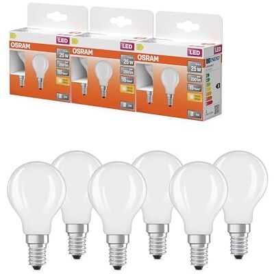 OSRAM Lámpara LED Star mini forma esférica, filamento P25, 2700 K blanco cálido, 1,8 W, E14, mate, 250 lm, 15.000 h, para luminarias de sobremesa y colgantes, antideslumbrante.,3-Pack OSRAM Lámpara LED Star mini forma esférica, filamento P25, 2700 K blanco cálido, 1,8 W, E14, mate, 250 lm, 15.000 h, para luminarias de sobremesa y colgantes, antideslumbrante.,3-Pack