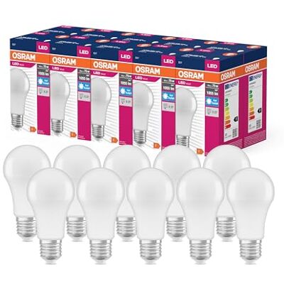 OSRAM Valor de estrella LED de Lámpara clásica A75 para enchufe E27, forma de pera, viernes, 1055 lúmenes, luz de día blanca (6500k), reemplazo de bombillas convencionales de 75W, 10 paquetes de 10 OSRAM Valor de estrella LED de Lámpara clásica A75 para enchufe E27, forma de pera, viernes, 1055 lúmenes, luz de día blanca (6500k), reemplazo de bombillas convencionales de 75W, 10 paquetes de 10