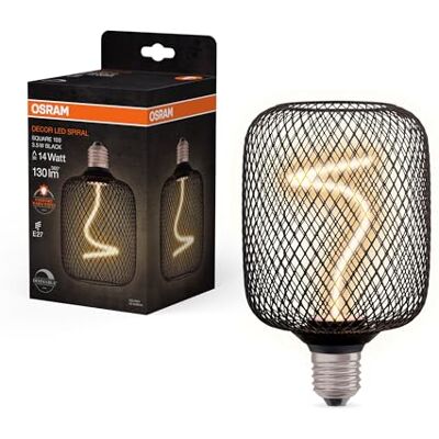OSRAM DECOR LED quadratisch mit Spiralfilament aus klarem schwarzem bleifreiem Glas in gemütlichem Warmweiß 818, dimmbar, mit E27 Schraubfassung, 100 mm Durchmesser. OSRAM DECOR LED quadratisch mit Spiralfilament aus klarem schwarzem bleifreiem Glas in gemütlichem Warmweiß 818, dimmbar, mit E27 Schraubfassung, 100 mm Durchmesser.