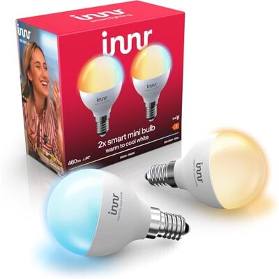 innr Bombilla Inteligente Mini Globo E14, para Hue* y hubs Zigbee, 2-pack Luz LED Blanco cálido a blanco frío, 2000K-6500K, 460 Lúmenes, Regulable innr Bombilla Inteligente Mini Globo E14, para Hue* y hubs Zigbee, 2-pack Luz LED Blanco cálido a blanco frío, 2000K-6500K, 460 Lúmenes, Regulable