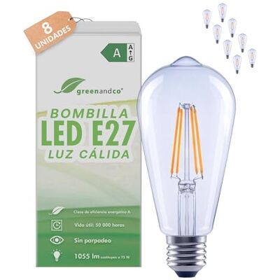 greenandco 8x Bombillas LED E27 luz calida, transparentes 5W 1055lm, ST64 Bombillas E27 LED 2700K, sustituyen 75W, 320° 230V, sin parpadeo, clase de eficiencia energética A, no regulables greenandco 8x Bombillas LED E27 luz calida, transparentes 5W 1055lm, ST64 Bombillas E27 LED 2700K, sustituyen 75W, 320° 230V, sin parpadeo, clase de eficiencia energética A, no regulables