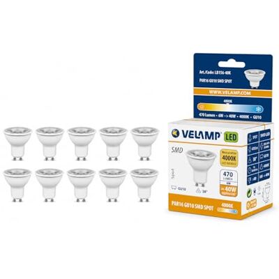 Velamp 10 bombillas LED GU10, 6 vatios equivalentes a 40 vatios de halógeno, 470 lúmenes, luz blanca natural de 4000 K, ángulo de haz de 38 grados, bombilla LED no regulable. Velamp 10 bombillas LED GU10, 6 vatios equivalentes a 40 vatios de halógeno, 470 lúmenes, luz blanca natural de 4000 K, ángulo de haz de 38 grados, bombilla LED no regulable.