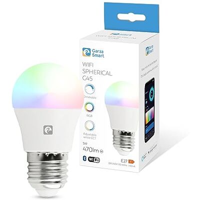 Garza Smarthome Bombilla LED Inteligente Wifi Esférica G45 E27 5W (40W de Equivalencia) RGB+CCT, Intensidad regulable, Programable, Control por Voz y App (Alexa/Google Home), Wifi 2,4 GHz Garza Smarthome Bombilla LED Inteligente Wifi Esférica G45 E27 5W (40W de Equivalencia) RGB+CCT, Intensidad regulable, Programable, Control por Voz y App (Alexa/Google Home), Wifi 2,4 GHz