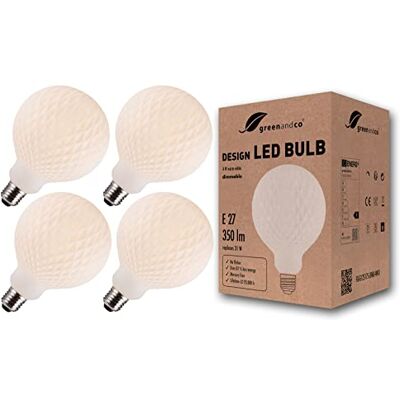 greenandco 4x bombilla LED regulable estilo vintage ópalo con rombos E27 G125 4W 350lm CRI90+ 3000K (blanco cálido) 360° 230V, sin parpadeo greenandco 4x bombilla LED regulable estilo vintage ópalo con rombos E27 G125 4W 350lm CRI90+ 3000K (blanco cálido) 360° 230V, sin parpadeo