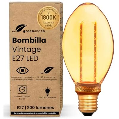 greenandco Bombilla LED E27 luz calida Vintage B75 4W 200lm, dorada Bombilla decorativa 1800K, Bombilla Vintage, ángulo de haz 320°, 230V, sin parpadeos, no regulable greenandco Bombilla LED E27 luz calida Vintage B75 4W 200lm, dorada Bombilla decorativa 1800K, Bombilla Vintage, ángulo de haz 320°, 230V, sin parpadeos, no regulable