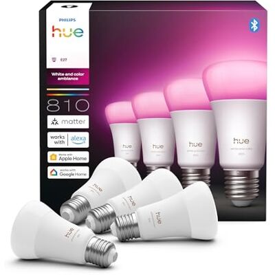 Philips Bombillas LED Inteligentes A60, White and Color Ambiance, Luz blanca y de colores, E27, 6 W, Regulable 1000-20.000 K, 810 lm, Alexa, Google Assistant y Apple Home, Pack de 4 Philips Bombillas LED Inteligentes A60, White and Color Ambiance, Luz blanca y de colores, E27, 6 W, Regulable 1000-20.000 K, 810 lm, Alexa, Google Assistant y Apple Home, Pack de 4