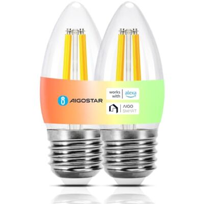Aigostar Bombilla Inteligente E27 4.5W 470LM C35 WiFi Alexa 2 paquetes Regulacion CCT 2700K-6500K / Regulable / Bajo Consumo Equivale 40W / Google Home/ Iluminacion Retro Decorativa/ Transparente Aigostar Bombilla Inteligente E27 4.5W 470LM C35 WiFi Alexa 2 paquetes Regulacion CCT 2700K-6500K / Regulable / Bajo Consumo Equivale 40W / Google Home/ Iluminacion Retro Decorativa/ Transparente