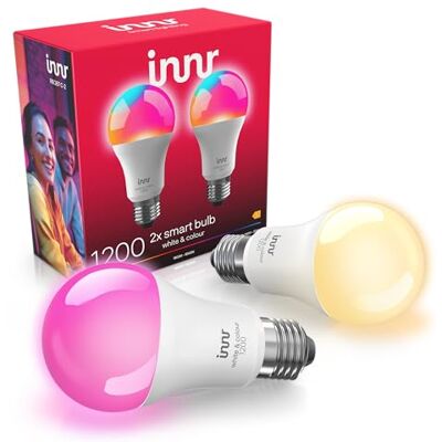 innr Bombilla Inteligente E27, White & Colour, para Hue* y hubs Zigbee Luz LED RGB, blanca y de colores, 16 millones de colores, 50 % más de brillo, 1210 lúmenes, Regulable, 2-pack innr Bombilla Inteligente E27, White & Colour, para Hue* y hubs Zigbee Luz LED RGB, blanca y de colores, 16 millones de colores, 50 % más de brillo, 1210 lúmenes, Regulable, 2-pack