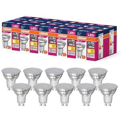 OSRAM Valor de estrella LED de PAR16 Lámpara LED para base Gu10, lámpara reflector, GL, 620 lúmenes, blanco cálido (3000k), reemplazo de bombillas convencionales de 49W, no Dimmable, paquete de 10 OSRAM Valor de estrella LED de PAR16 Lámpara LED para base Gu10, lámpara reflector, GL, 620 lúmenes, blanco cálido (3000k), reemplazo de bombillas convencionales de 49W, no Dimmable, paquete de 10