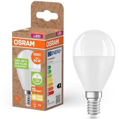 OSRAM Bombillas LED E14,LED Star P60 Reciclaje 7,5W, 2700K blanco cálido, mate, 806 lm, 40% plástico reciclado, reemplaza bombillas tradicionales de 60W OSRAM Bombillas LED E14,LED Star P60 Reciclaje 7,5W, 2700K blanco cálido, mate, 806 lm, 40% plástico reciclado, reemplaza bombillas tradicionales de 60W