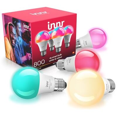 innr Bombilla Inteligente E27, para Hue* y hubs Zigbee, 4-pack Luz LED RGB, blanca y de colores, 16 millones de colores, 880 lúmenes, Regulable innr Bombilla Inteligente E27, para Hue* y hubs Zigbee, 4-pack Luz LED RGB, blanca y de colores, 16 millones de colores, 880 lúmenes, Regulable