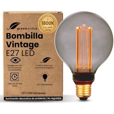 greenandco Bombilla LED E27 luz calida Vintage G95 4W 100lm, gris Bombilla decorativa 1800K, Bombilla Vintage, ángulo de haz 320°, 230V, sin parpadeos, no regulable greenandco Bombilla LED E27 luz calida Vintage G95 4W 100lm, gris Bombilla decorativa 1800K, Bombilla Vintage, ángulo de haz 320°, 230V, sin parpadeos, no regulable