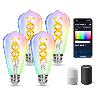 Aigostar Bombilla Inteligente Alexa, Bombilla LED E27 RGB CCT 4.9W 420LM, Bombilla WIFI 2700K-6500K, Bombilla Vintage Compatible con Alexa/Google Home, Bombilla Filamento Luz Fría Cálida 4 Unidad Aigostar Bombilla Inteligente Alexa, Bombilla LED E27 RGB CCT 4.9W 420LM, Bombilla WIFI 2700K-6500K, Bombilla Vintage Compatible con Alexa/Google Home, Bombilla Filamento Luz Fría Cálida 4 Unidad