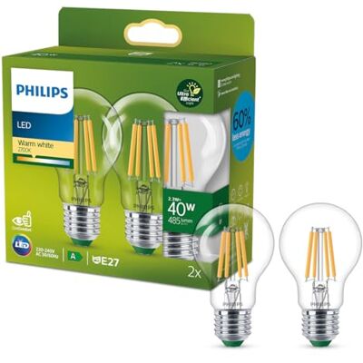 Philips Lighting Bombilla LED Ultraeficiente Filamento, 2.3 W Equivalente a 40 W, E27 A60, Luz Cálida, 2700VK, Eficiencia Energética A, no regulable, Juego 2 unidades Philips Lighting Bombilla LED Ultraeficiente Filamento, 2.3 W Equivalente a 40 W, E27 A60, Luz Cálida, 2700VK, Eficiencia Energética A, no regulable, Juego 2 unidades