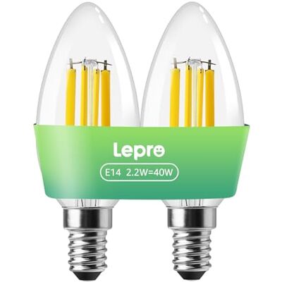 Lepro Bombilla Vela de Filamento LED E14, 2.2 W Equivalente a 40W, 470 Lúmenes, Blanco Cálido 2700K LED E14 Casquillo Fino, Lámpara Retro Vintage, No Regulable, 2 Unidades Lepro Bombilla Vela de Filamento LED E14, 2.2 W Equivalente a 40W, 470 Lúmenes, Blanco Cálido 2700K LED E14 Casquillo Fino, Lámpara Retro Vintage, No Regulable, 2 Unidades