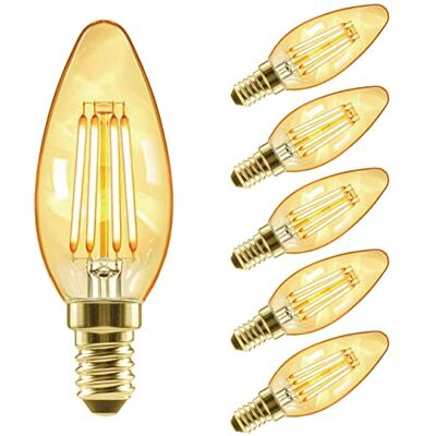 LVWIT 6x Bombillas E14 Vintage Vela LED (Casquillo Fino) 4W, Bombilla Edison Retro de Blanco Cálido 2500K, Bomilla LED con Filamento, Equivalente a 40W, 410LM, El Ángulo del Haz de 300°. LVWIT 6x Bombillas E14 Vintage Vela LED (Casquillo Fino) 4W, Bombilla Edison Retro de Blanco Cálido 2500K, Bomilla LED con Filamento, Equivalente a 40W, 410LM, El Ángulo del Haz de 300°.