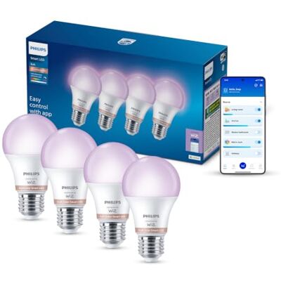 Philips Smart Lighting Bombilla Inteligente, A60, E27, RGB, 4 Uds. Luz en Color y Blanca Ajustable, 2200 K-6500 K, Smart LED, 806 lm, Regulable Baja, Connected by WiZ, Hogar Inteligente Philips Smart Lighting Bombilla Inteligente, A60, E27, RGB, 4 Uds. Luz en Color y Blanca Ajustable, 2200 K-6500 K, Smart LED, 806 lm, Regulable Baja, Connected by WiZ, Hogar Inteligente