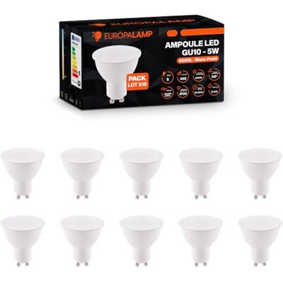 Europalamp Pack de 10 bombillas LED GU10-5W 6000 K Blanco frío Lúmenes 450 Lámpara halógena blanca No regulable Iluminación doméstica Garantía 2 años Europalamp Pack de 10 bombillas LED GU10-5W 6000 K Blanco frío Lúmenes 450 Lámpara halógena blanca No regulable Iluminación doméstica Garantía 2 años