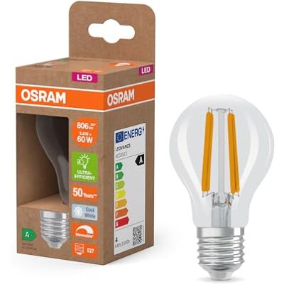 OSRAM Energy Class con forma de bombilla clásica, 3,8 W / 806 lm, EEK A, luz blanca fría (4000 K), CRI 80, fabricada en vidrio transparente sin plomo, casquillo E27, IP20, 60 mm DM, 6- embalar OSRAM Energy Class con forma de bombilla clásica, 3,8 W / 806 lm, EEK A, luz blanca fría (4000 K), CRI 80, fabricada en vidrio transparente sin plomo, casquillo E27, IP20, 60 mm DM, 6- embalar