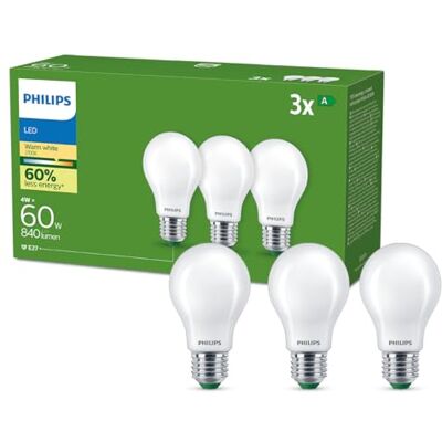 Philips Bombilla LED UltraEficiente Mate (pack 3un), E27, 4W Equivalente a 60W, Luz Blanca Cálida 2700k, Eficiencia Energética A Philips Bombilla LED UltraEficiente Mate (pack 3un), E27, 4W Equivalente a 60W, Luz Blanca Cálida 2700k, Eficiencia Energética A