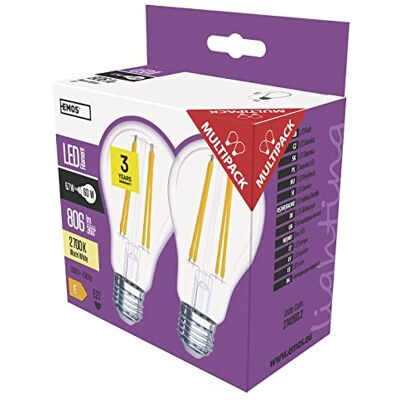 EMOS a + +, LED filamento de la bombilla A60 a + +, blanco cálido, 2 unidades, cristal, 6 W, E27, transparente, 11,5 x 6 x 11 cm EMOS a + +, LED filamento de la bombilla A60 a + +, blanco cálido, 2 unidades, cristal, 6 W, E27, transparente, 11,5 x 6 x 11 cm