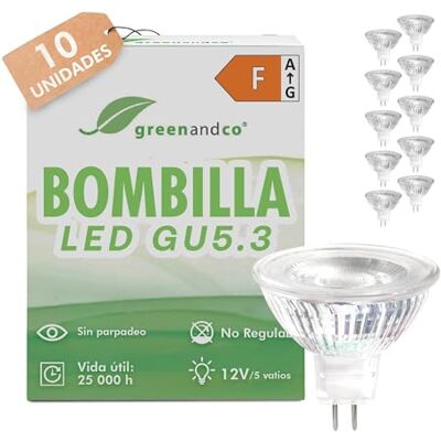 greenandco 10x Halogenos LED GU 5.3, 12V 3000K 5W 430lm, sin parpadeo Bombillas LED GU5.3 MR16 blanco cálido, sustituyen 40W, ángulo de haz 38°, no regulables, COB LED greenandco 10x Halogenos LED GU 5.3, 12V 3000K 5W 430lm, sin parpadeo Bombillas LED GU5.3 MR16 blanco cálido, sustituyen 40W, ángulo de haz 38°, no regulables, COB LED