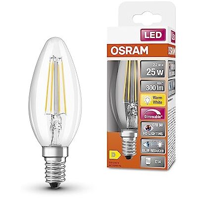 OSRAM Lámpara LED SUPERSTAR+ CLASSIC B FIL 25, E14, forma minivela, 2,2 W, 300 lm, 2700 K, luz blanca cálida, componente azul muy reducido, fatiga ocular reducida, regulable, optimo consumo de energía OSRAM Lámpara LED SUPERSTAR+ CLASSIC B FIL 25, E14, forma minivela, 2,2 W, 300 lm, 2700 K, luz blanca cálida, componente azul muy reducido, fatiga ocular reducida, regulable, optimo consumo de energía