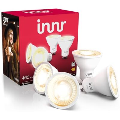 innr Bombilla Inteligente GU10 Spot, para Hue* y hubs Zigbee, 4-pack Luz LED blanco cálido, 2700K, 460 lúmenes, regulable innr Bombilla Inteligente GU10 Spot, para Hue* y hubs Zigbee, 4-pack Luz LED blanco cálido, 2700K, 460 lúmenes, regulable