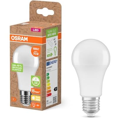 OSRAM Bombillas LED E14, LED Star A 75 Reciclaje 10W, 2700K blanco cálido, mate, 1055 lm, 40% plástico reciclado, reemplaza bombillas tradicionales de 75W OSRAM Bombillas LED E14, LED Star A 75 Reciclaje 10W, 2700K blanco cálido, mate, 1055 lm, 40% plástico reciclado, reemplaza bombillas tradicionales de 75W