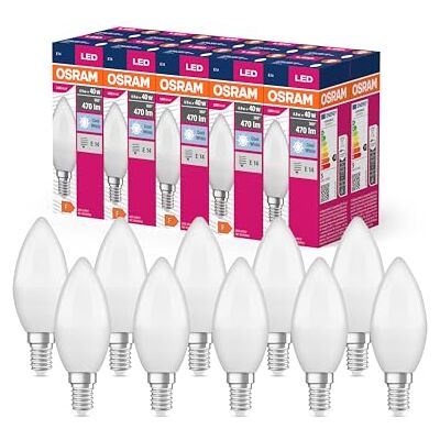 OSRAM Valor de estrella LED de Lámpara LED clásica B40 para base E14, forma de vela, FR, 470 lúmenes, blanco frío (4000k), reemplazo de bombillas de 40W convencionales, no dimmables, paquete de 10 OSRAM Valor de estrella LED de Lámpara LED clásica B40 para base E14, forma de vela, FR, 470 lúmenes, blanco frío (4000k), reemplazo de bombillas de 40W convencionales, no dimmables, paquete de 10