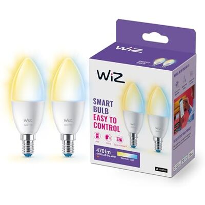 WiZ Bombilla LED Inteligente Wi-Fi, 4,9W(Eq. 40 W) E14 tipo vela, Luz Blanca de ajustable de cálida a fría, con tecnología SpaceSense y compatible con Alexa y Google Home Pack de 2 WiZ Bombilla LED Inteligente Wi-Fi, 4,9W(Eq. 40 W) E14 tipo vela, Luz Blanca de ajustable de cálida a fría, con tecnología SpaceSense y compatible con Alexa y Google Home Pack de 2