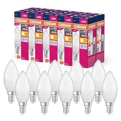 OSRAM Valor de estrella LED de Lámpara LED clásica B40 para el calcetín E14, forma de vela, FR, 470 lúmenes, blanco cálido (2700k), reemplazo de bombillas de 40W convencionales, paquete de 10 OSRAM Valor de estrella LED de Lámpara LED clásica B40 para el calcetín E14, forma de vela, FR, 470 lúmenes, blanco cálido (2700k), reemplazo de bombillas de 40W convencionales, paquete de 10