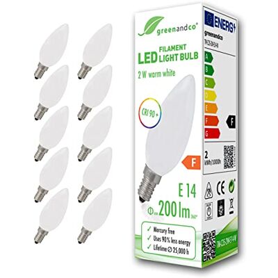 greenandco 10x Bombilla de filamento LED IRC 90+ E14 opaca 2W (corresponde a 20W) 200lm 2700K (blanco cálido) 360° 230V AC vidrio, sin parpadeo, no regulable greenandco 10x Bombilla de filamento LED IRC 90+ E14 opaca 2W (corresponde a 20W) 200lm 2700K (blanco cálido) 360° 230V AC vidrio, sin parpadeo, no regulable