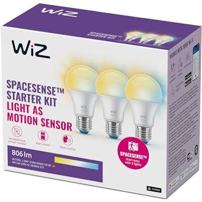 WiZ Smart LED A60 Bulb, Warm to Cool White, E27 Base, 60W, 806 Lumens, Dimmable, Works with Alexa, Google Assistant, and Apple Home, Pack of 3 WiZ Smart LED A60 Bulb, Warm to Cool White, E27 Base, 60W, 806 Lumens, Dimmable, Works with Alexa, Google Assistant, and Apple Home, Pack of 3