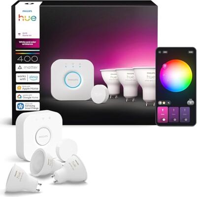 Philips Kit Inicio Pro: Bridge, Smart button, 3 bombillas led inteligentes GU10, Luz Blanca y Colores, funciona con Apple Home, Amazon Alexa, Google Assistant, Samsung SmartThings Philips Kit Inicio Pro: Bridge, Smart button, 3 bombillas led inteligentes GU10, Luz Blanca y Colores, funciona con Apple Home, Amazon Alexa, Google Assistant, Samsung SmartThings